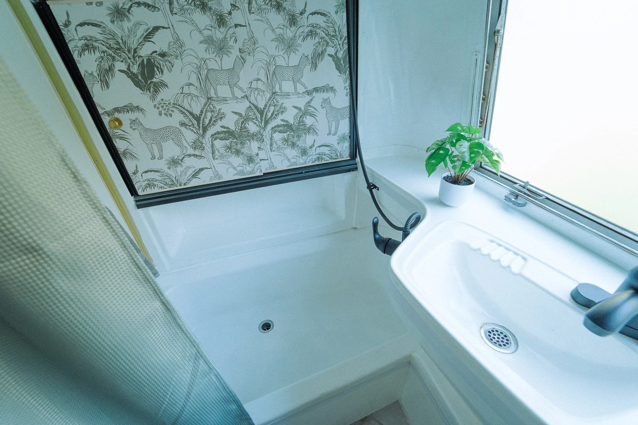 Small bathroom with a built-in sink and a large window, decorated with a potted plant and a curtain featuring a jungle scene with leopards and trees.