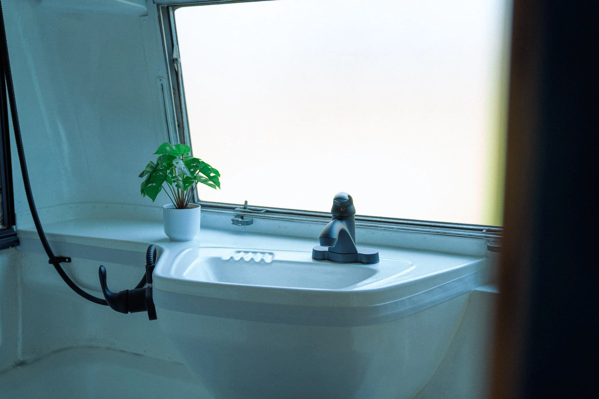 A white sink with a black faucet, a potted green plant, and an open window with a bright background.