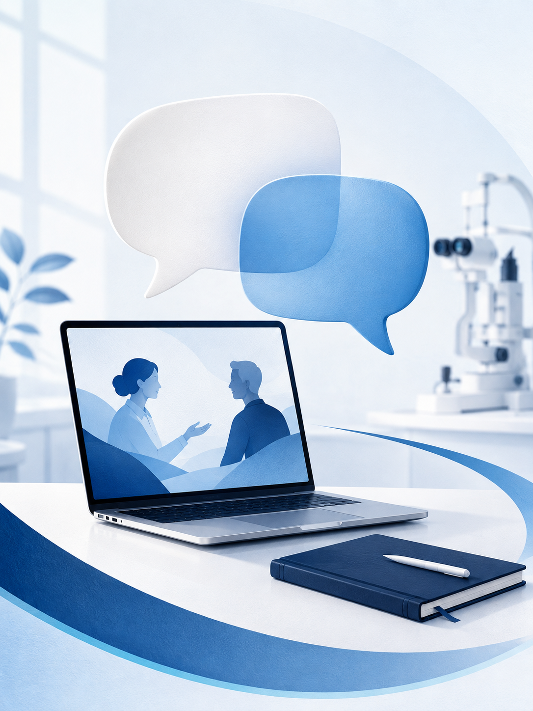 A laptop on a white desk displays a graphic of two people conversing. Above the laptop, there are two speech bubbles, one white and one blue, overlapping. In the background, there is a microscope and window with sunlight, suggesting a medical or scientific setting.
