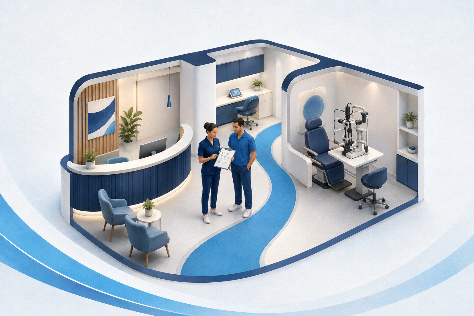Illustration of a modern medical clinic interior with a reception desk, a consultation area with seating, and an examination room with medical equipment, attended by two healthcare professionals in blue uniforms.