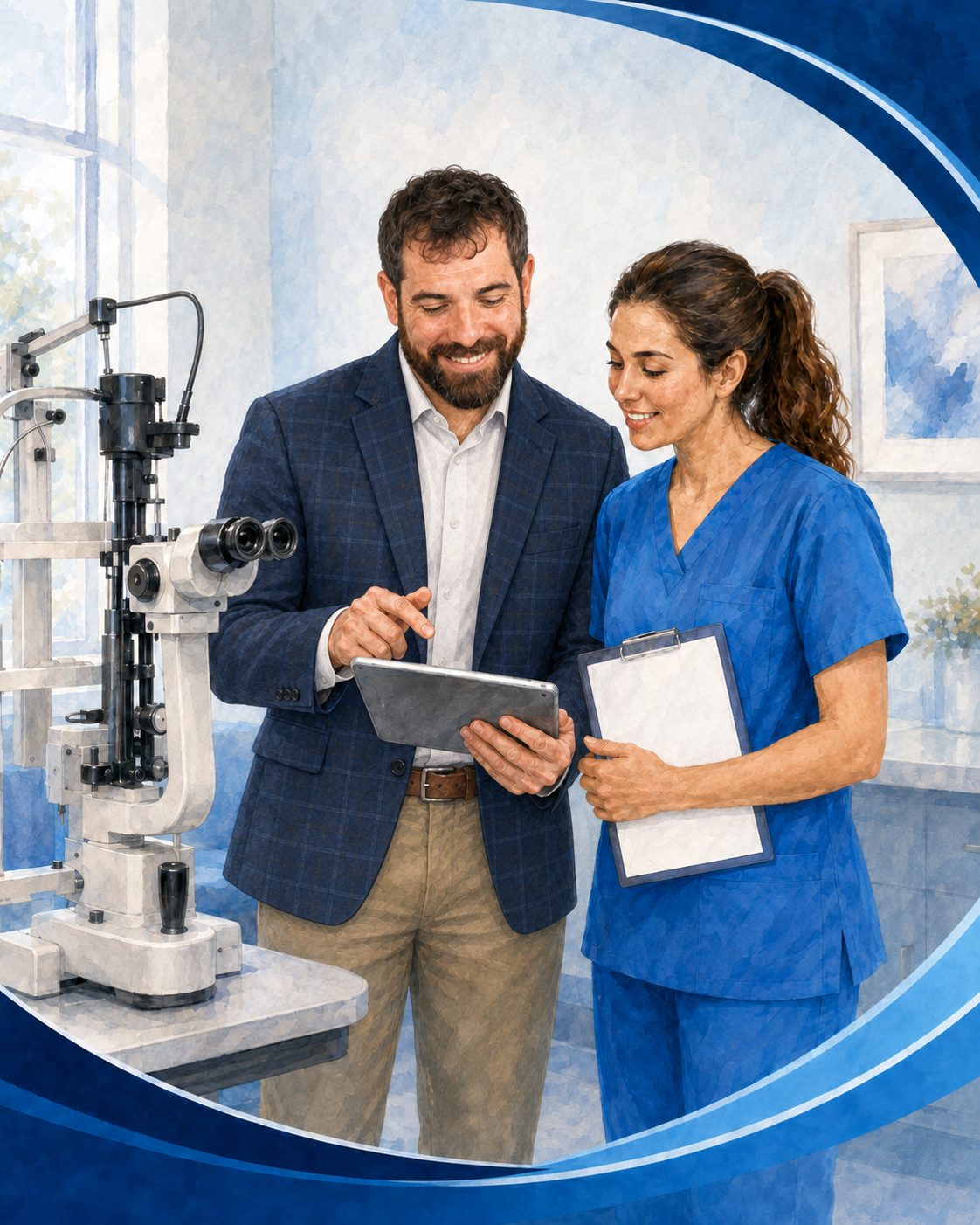 A male doctor and a female nurse looking at a tablet together in a medical setting with ophthalmology equipment.