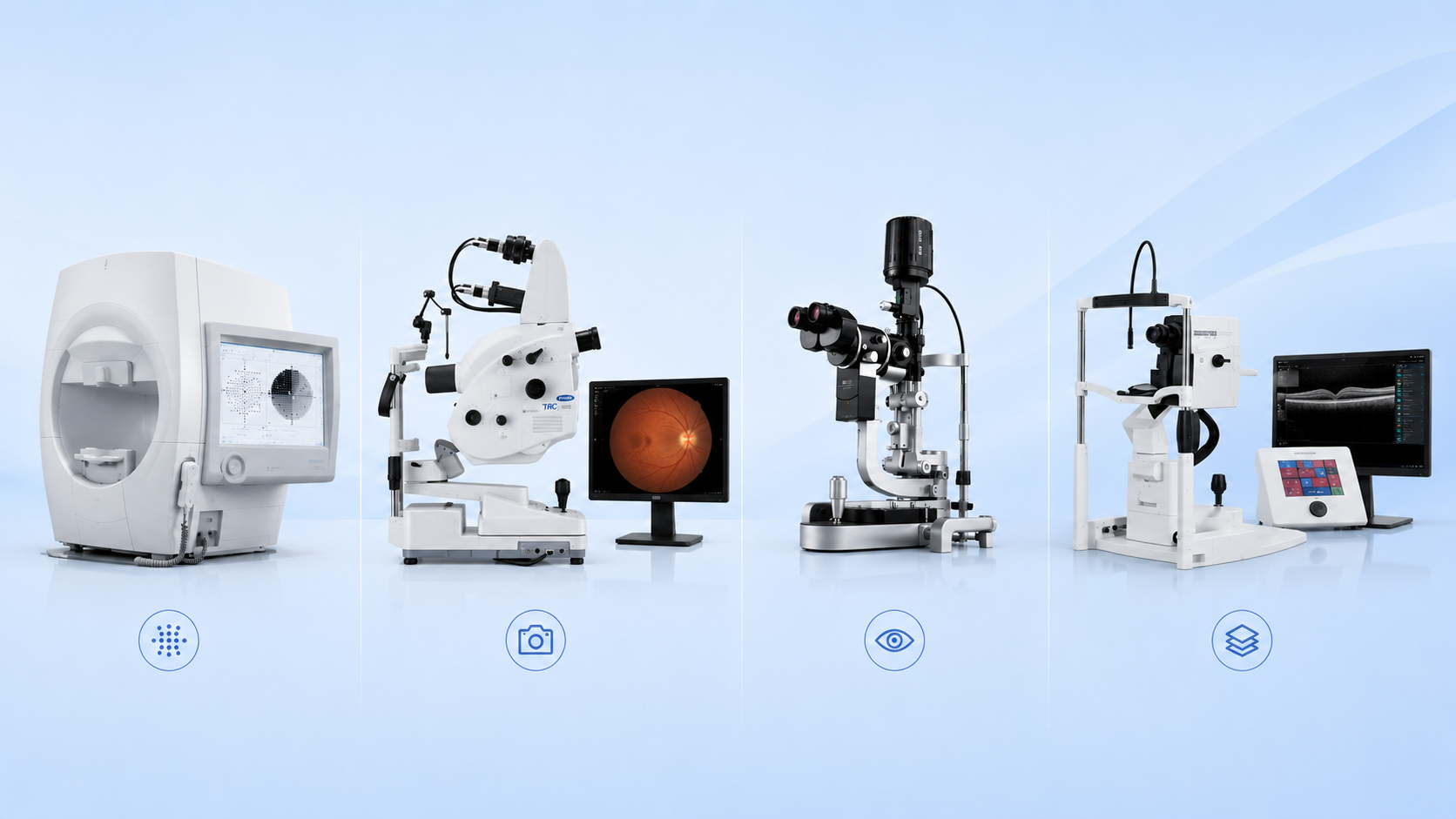 Medical equipment used for eye examinations and eye health diagnostics, including a machine, a slit lamp, a retinal camera, a microscope, and a computer monitor displaying eye imaging.