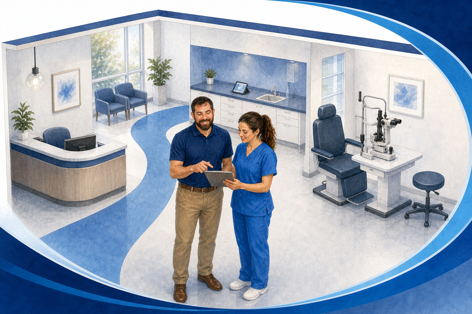 Medical professionals in a modern clinic discussing on a tablet, with clinical equipment and reception area visible.