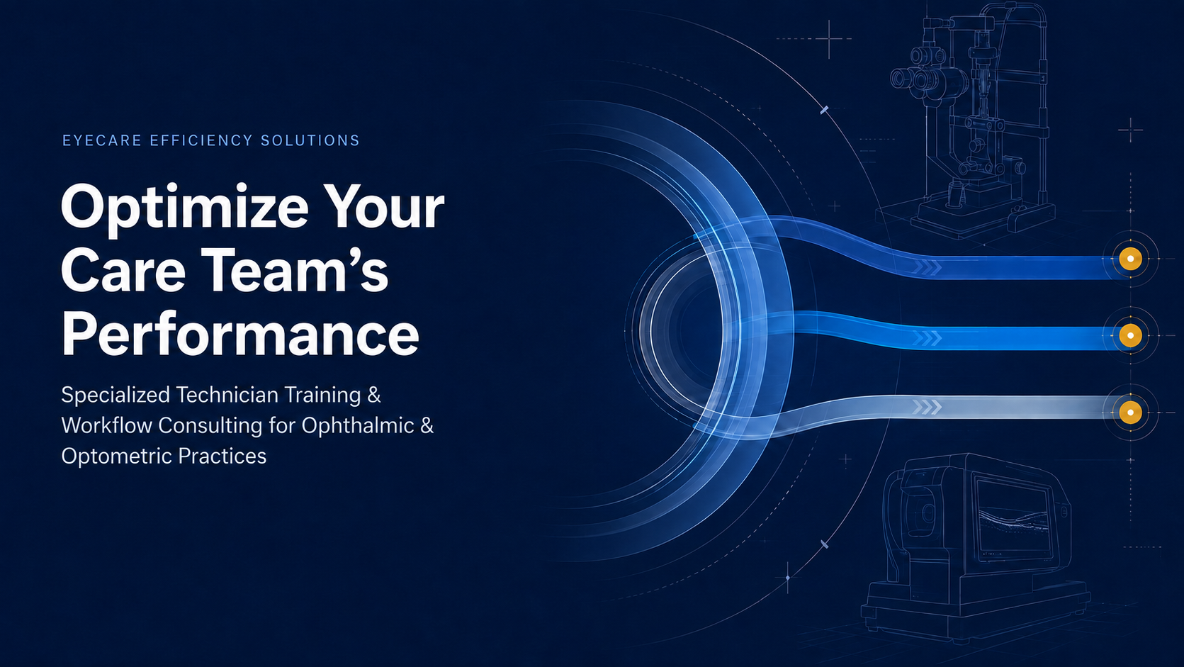 Digital graphic with technical illustrations of ophthalmic equipment and pathways, promoting a program to optimize eye care team performance through specialized technician training and workflow consulting.