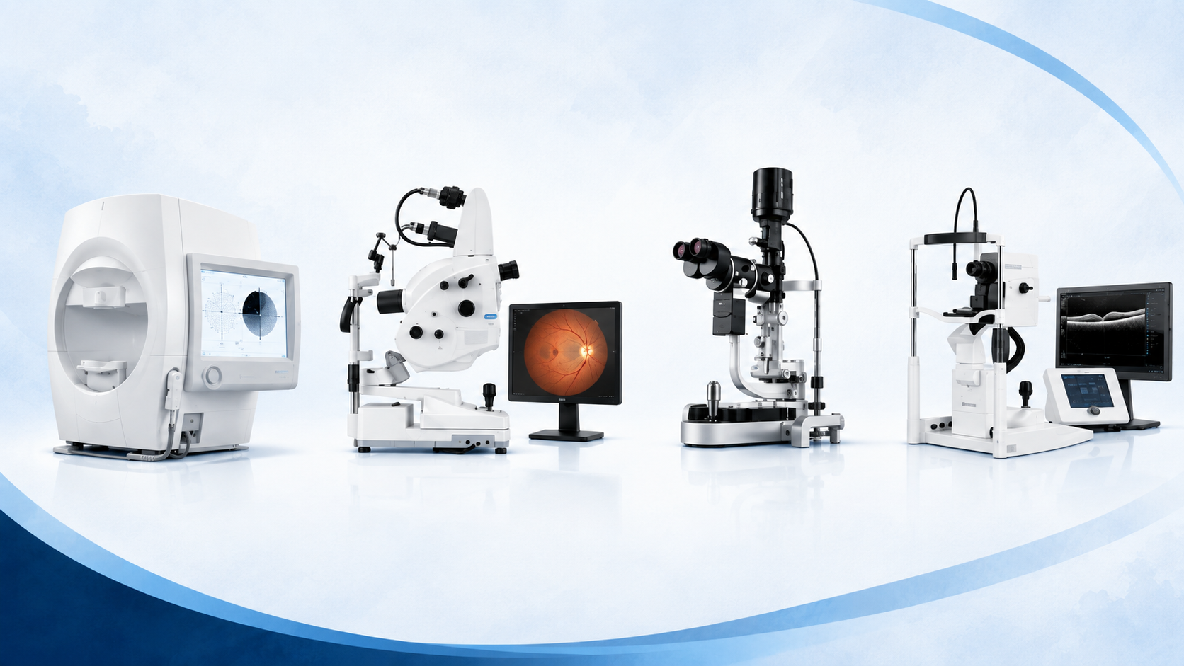 Collection of advanced ophthalmic and eye examination equipment on a white background.
