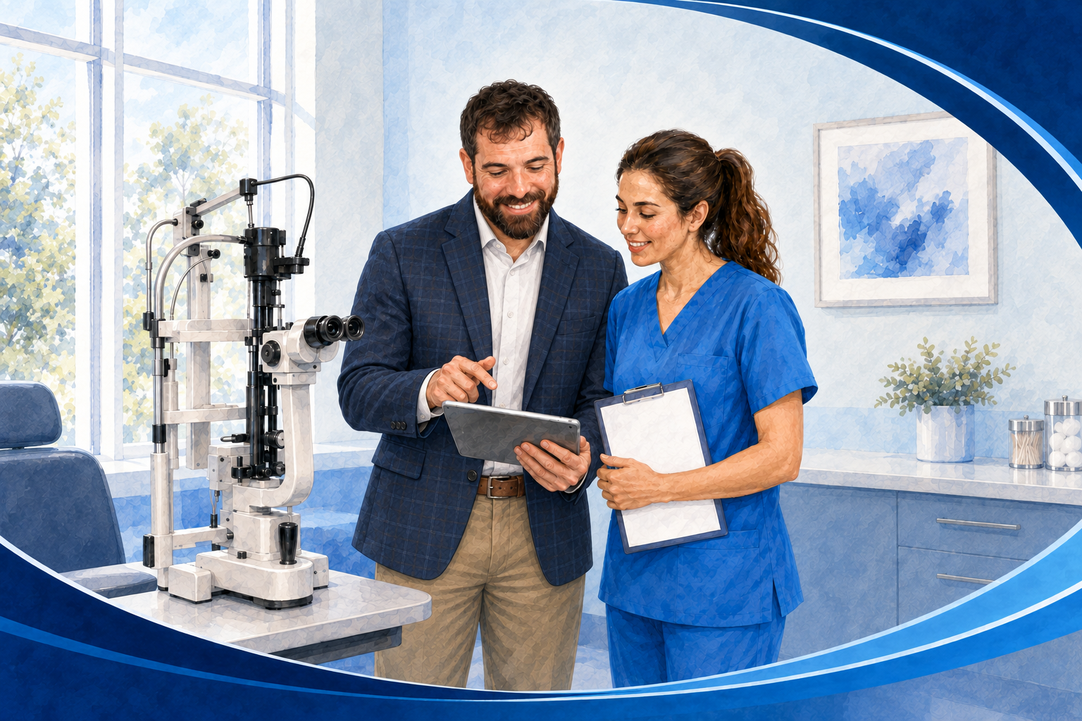 A doctor in blue scrubs and a man in a suit are standing in a clinic, looking at a tablet and discussing, with an eye examination device nearby.