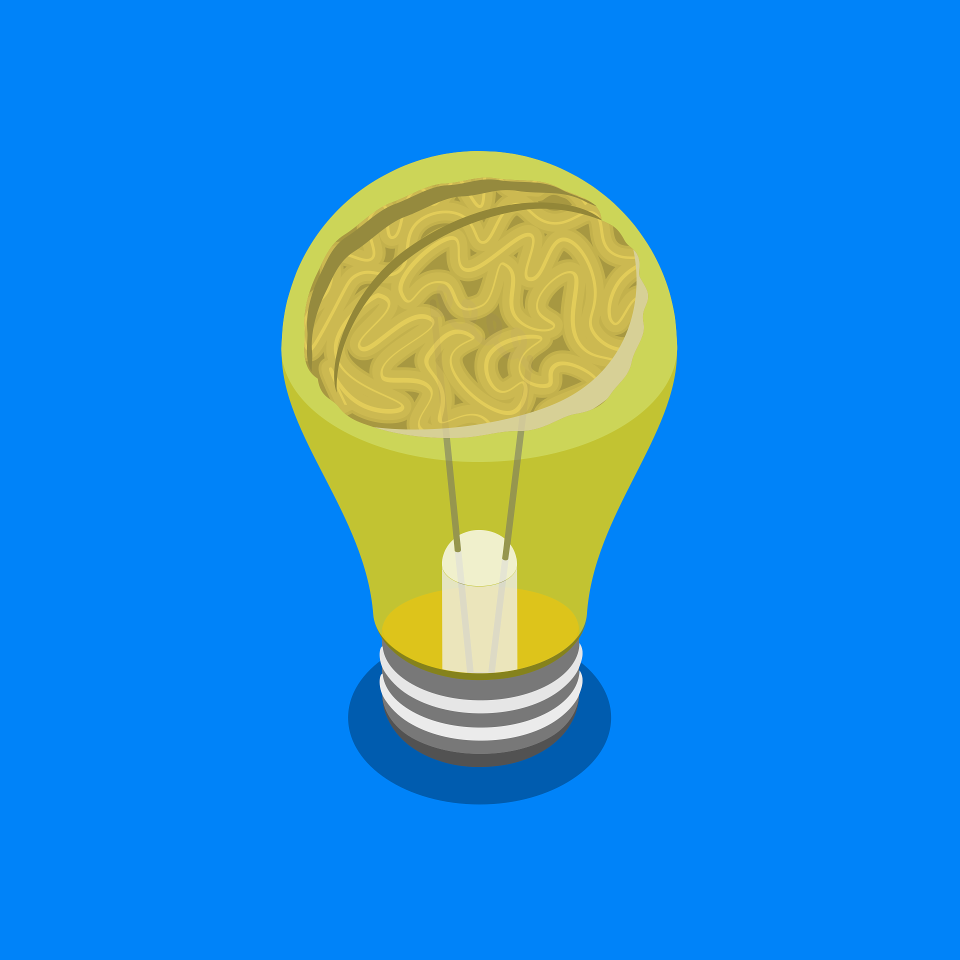 Illustration of a lightbulb with a brain inside instead of a filament, set against a blue background.