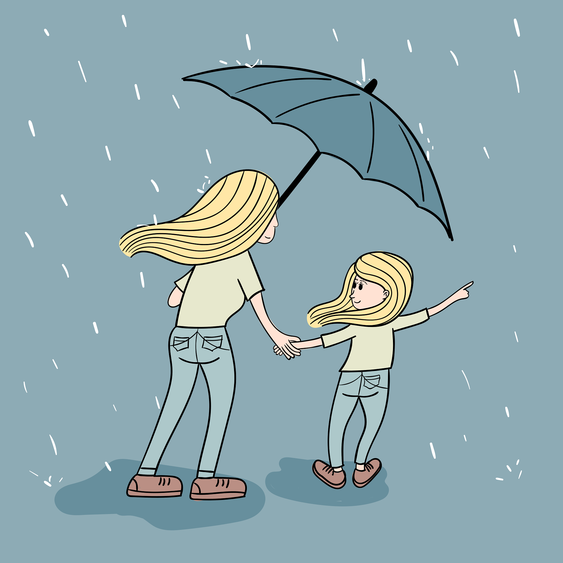 Illustration of a woman and girl holding hands and sharing a black umbrella while it rains, both with long blonde hair and casual clothing.