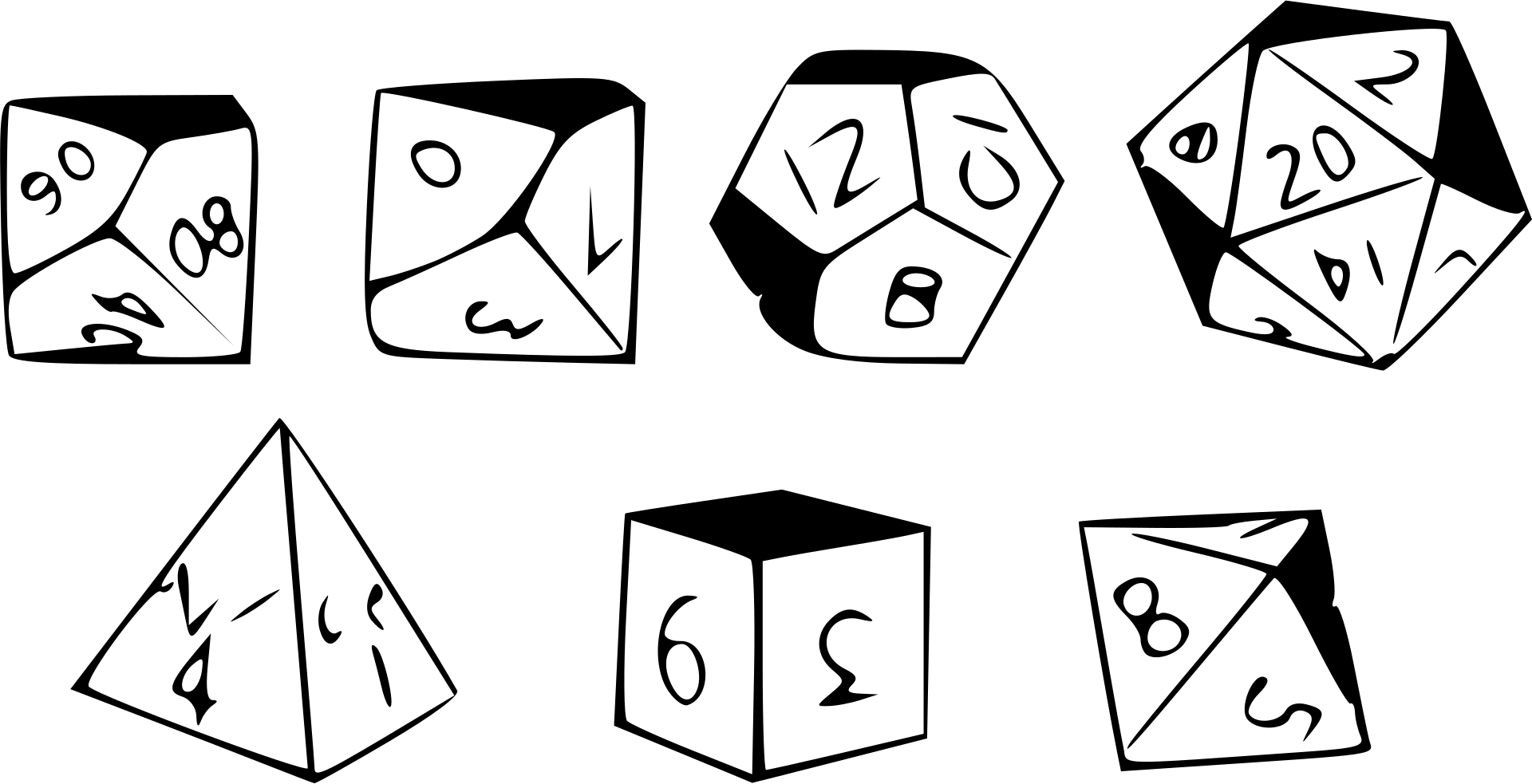 Black and white illustration of various polyhedral dice commonly used in tabletop role-playing games, including a 20-sided die, a 12-sided die, a 10-sided die, a 8-sided die, a 6-sided die, and a 4-sided die.