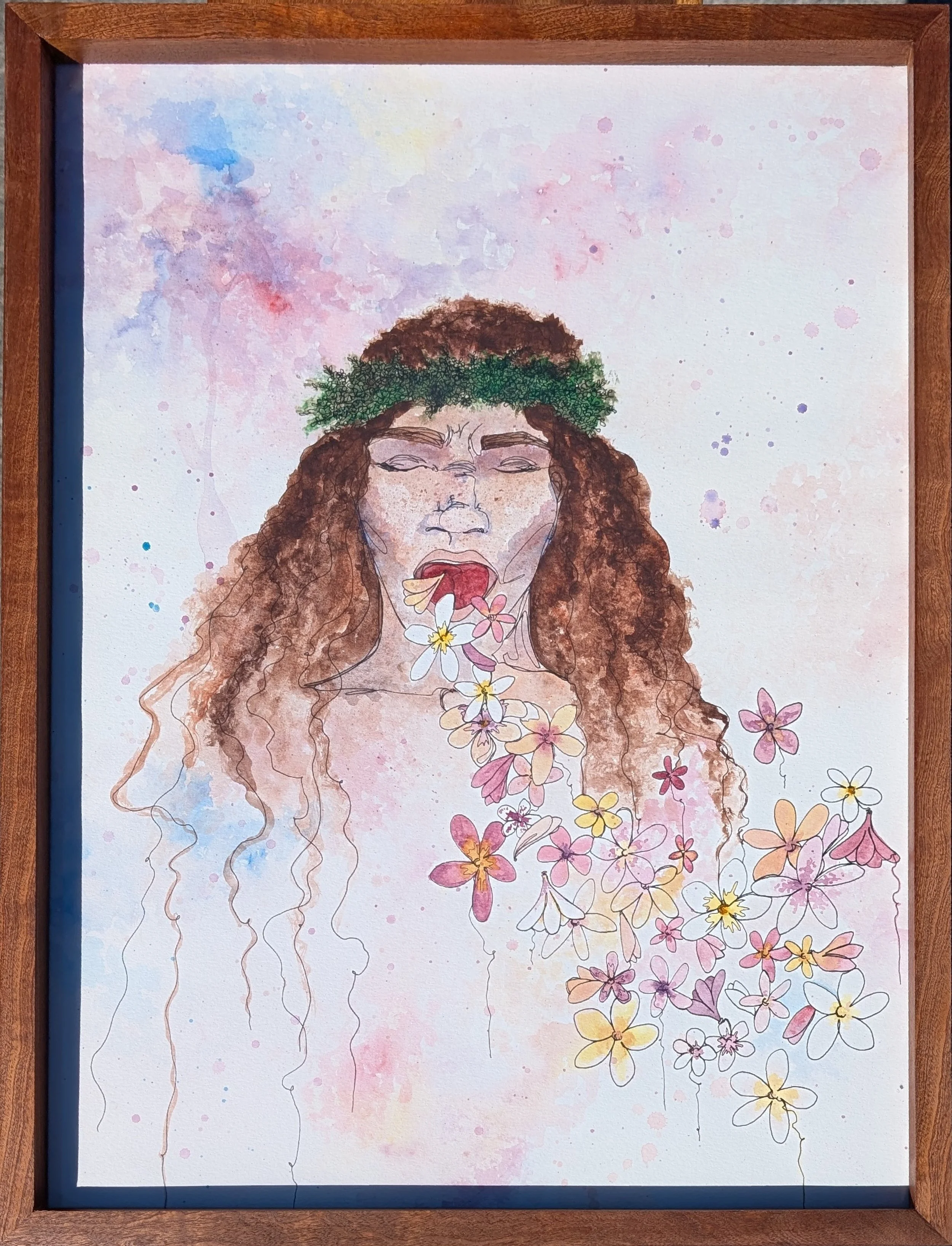 Choking on Aloha.
Part of a series exploring the exploitation of Hawai'i.
Featured in Midsummer exhibition at Wailoa Art Center, 2025.