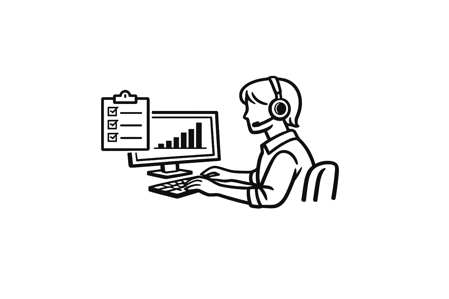 Outline of a employee working at a computer, symbolizing operational support services.