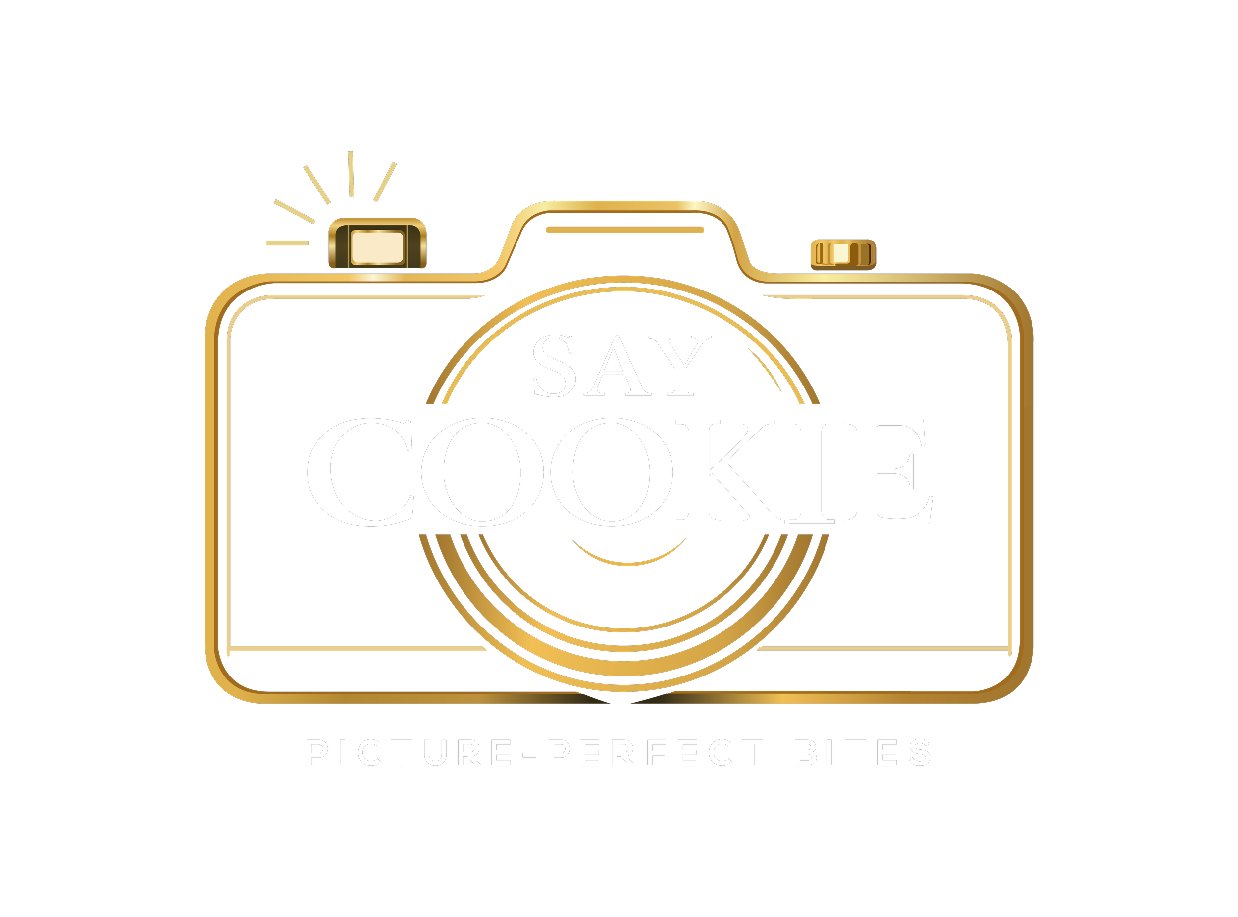 Black background with a gold outline of a camera and a flash. Inside the camera lens, the text reads "SAY COOKIE" in white. Below the camera, additional text says "PICTURE-PERFECT BITES."