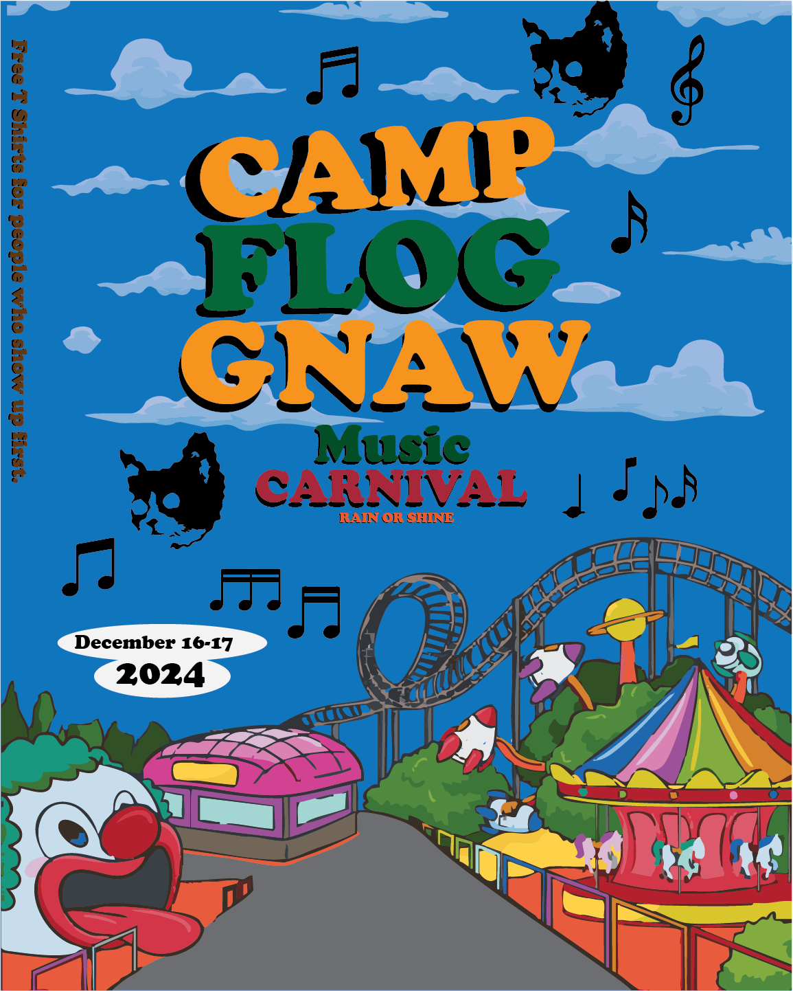 Promotional poster for Camp Flog GNAW Music Carnival on December 16-17, 2024, featuring a roller coaster, carousel, clown, animals, and musical notes on a colorful fairground background.
