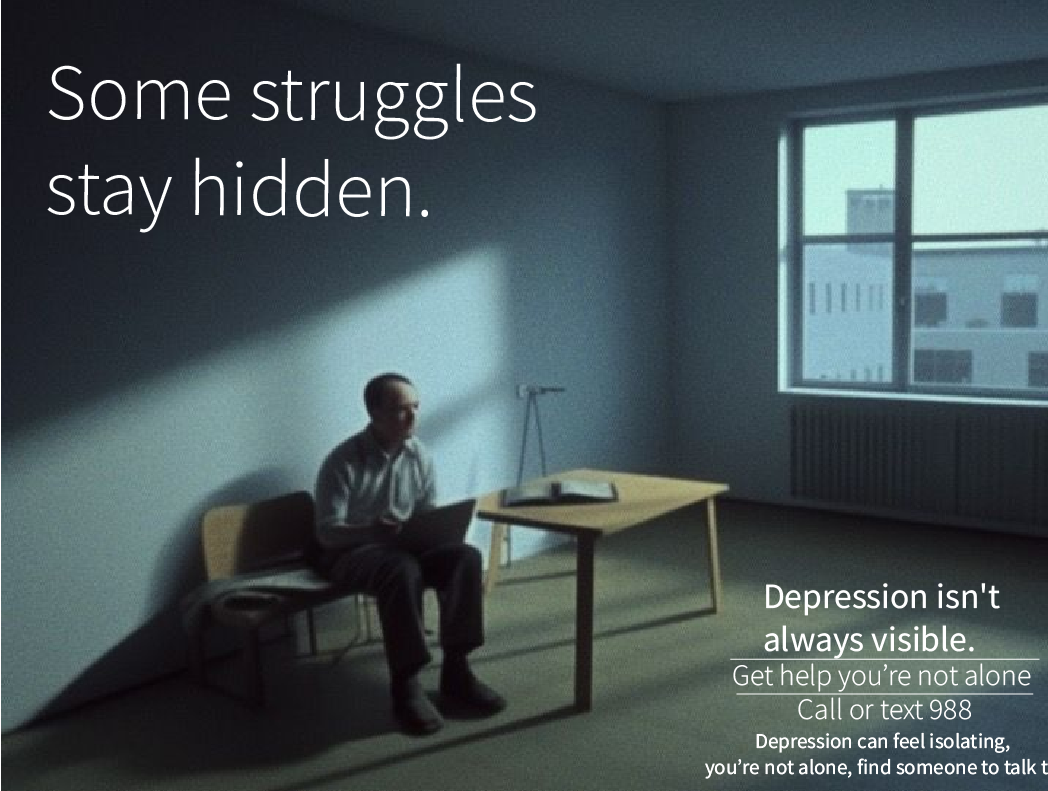 An empty room with a man sitting on a bench, working on a laptop. Sunlight casts shadows through a window. Overlaid text reads about mental health and seeking help for depression.
