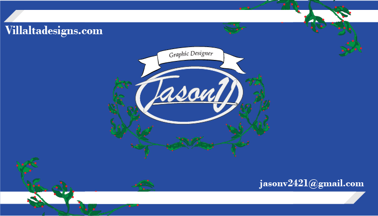 Business card for graphic designer Jason with a blue background, decorative green holly branches with red berries, and contact information.