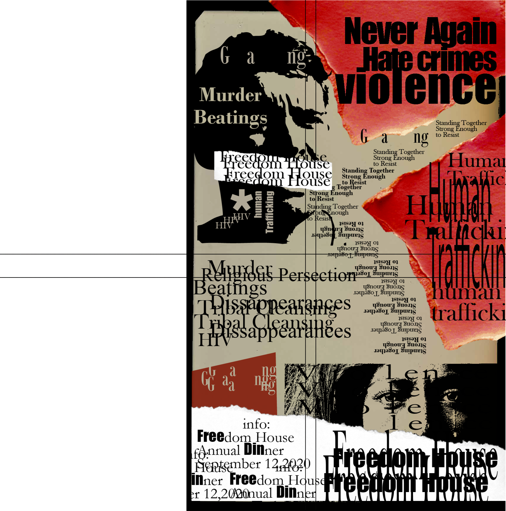 Collage featuring a woman's face profile, torn paper effects, words related to social issues such as 'Never Again Hate crimes violence murder beatings trafficking human trafficking,' and event details about a free annual dinner at Freedom House on September 12, 2020.