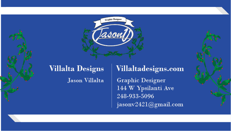 Business card for Jason Villalta of Villalta Designs, featuring a blue background, decorative green vines, and text with contact information.