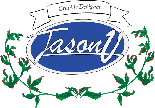 Holiday-themed logo with the name "Jason" in cursive inside an oval, surrounded by holly and berry decorations, and the words "Graphic Designer" above.