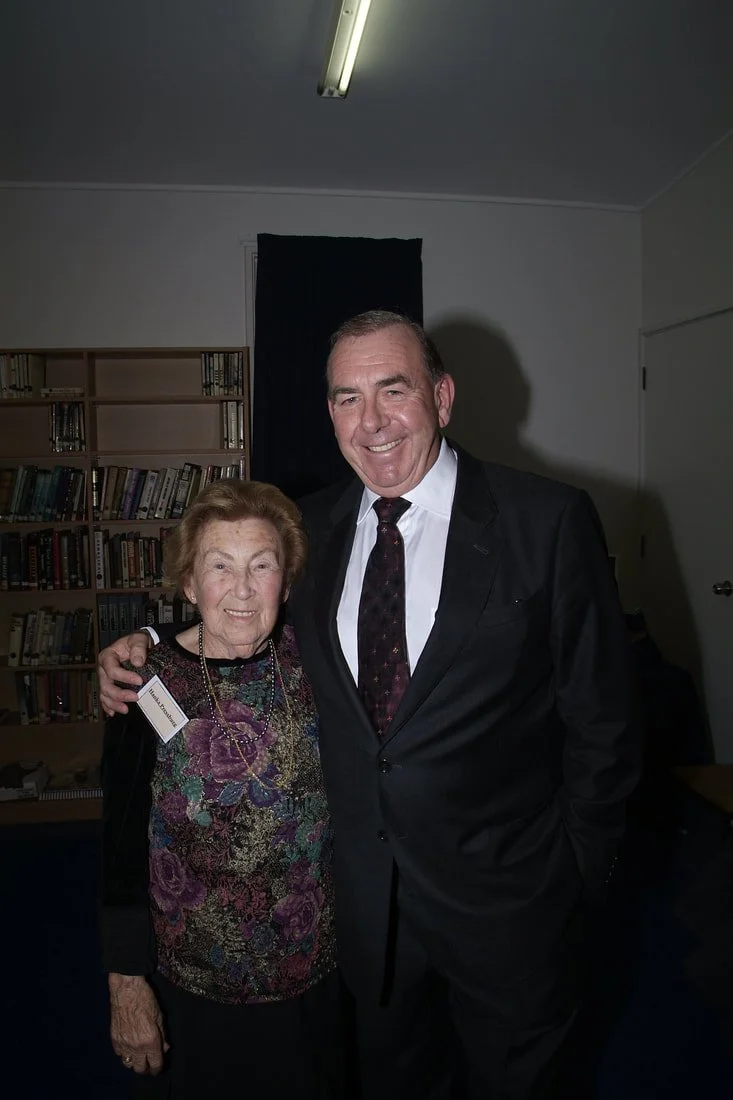 Holocaust survivor Hanka Pressburg z"l with broadcaster Ian Fraser. Hanka and her husband George Pressburg z"l – whose stories feature in the Centre's core exhibition – established the first small Holocaust display in 1990.