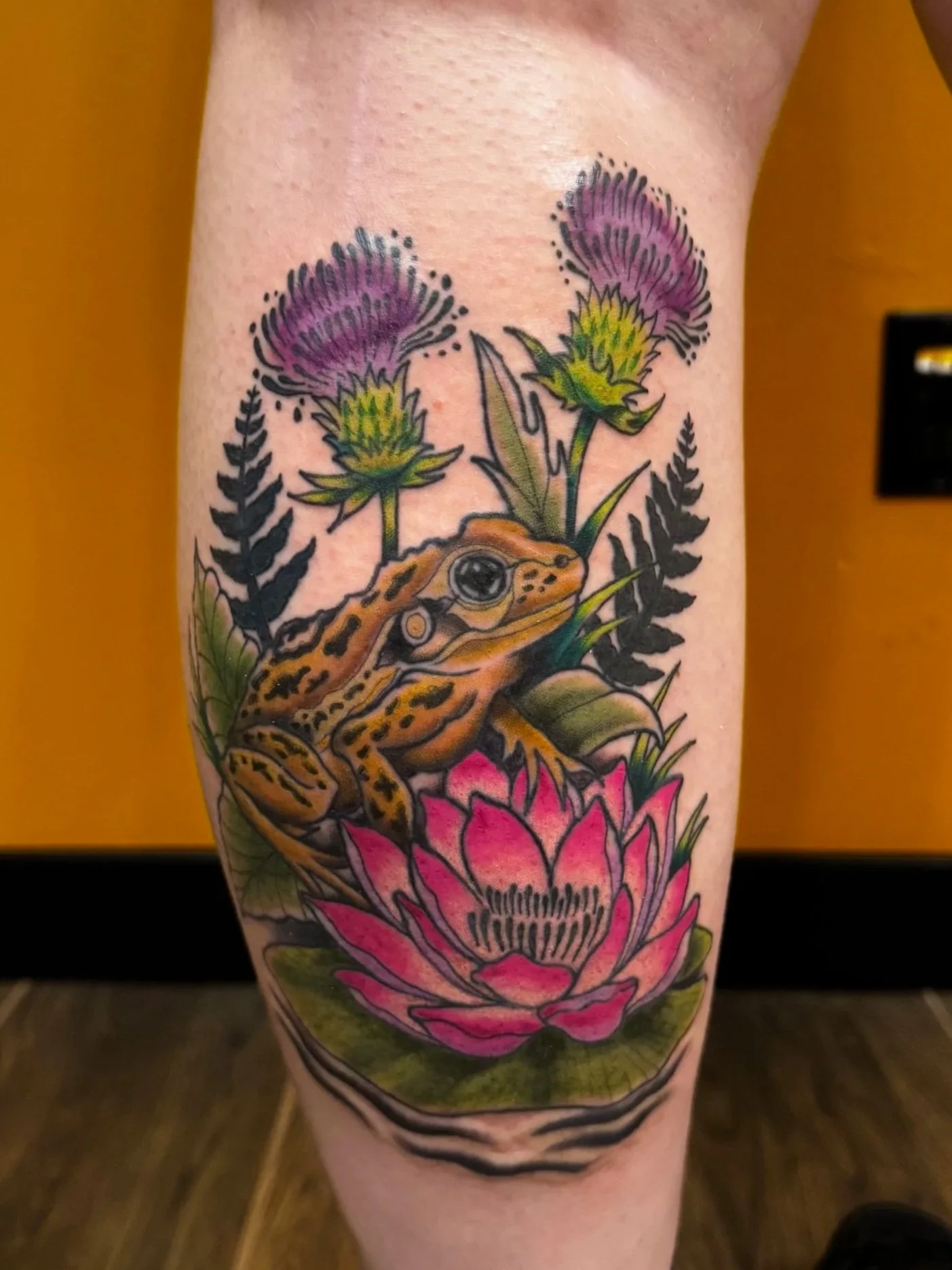 Colorful frog tattoo with detailed shading and vibrant colors finished near W 44th and Wadsworth.