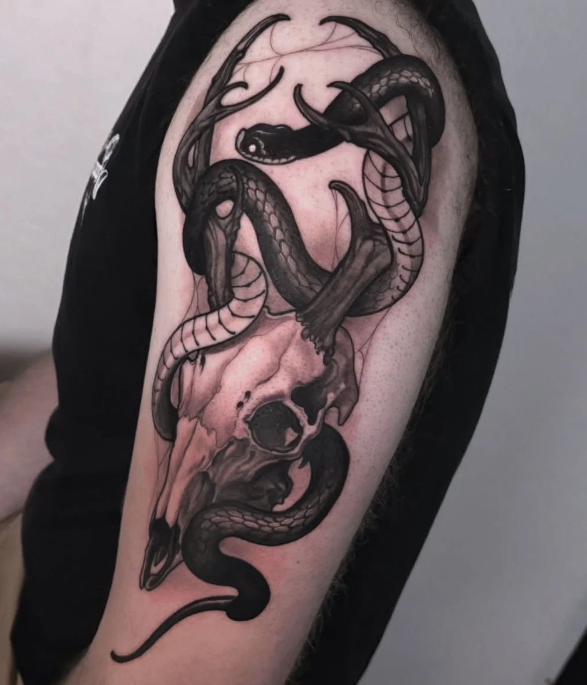 Tattoo of a snake wrapped around a deer skull on a person's upper arm.