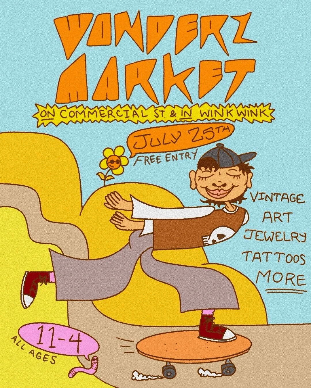 Catch the fun on Commercial Street on Saturday July 25th from 11-4 with vendors up and down the street, in the plaza, and body modifications in Wink Wink!!

Find vintage clothes, handmade jewelry, art prints, ceramics, zines, crafts and MORE! Support