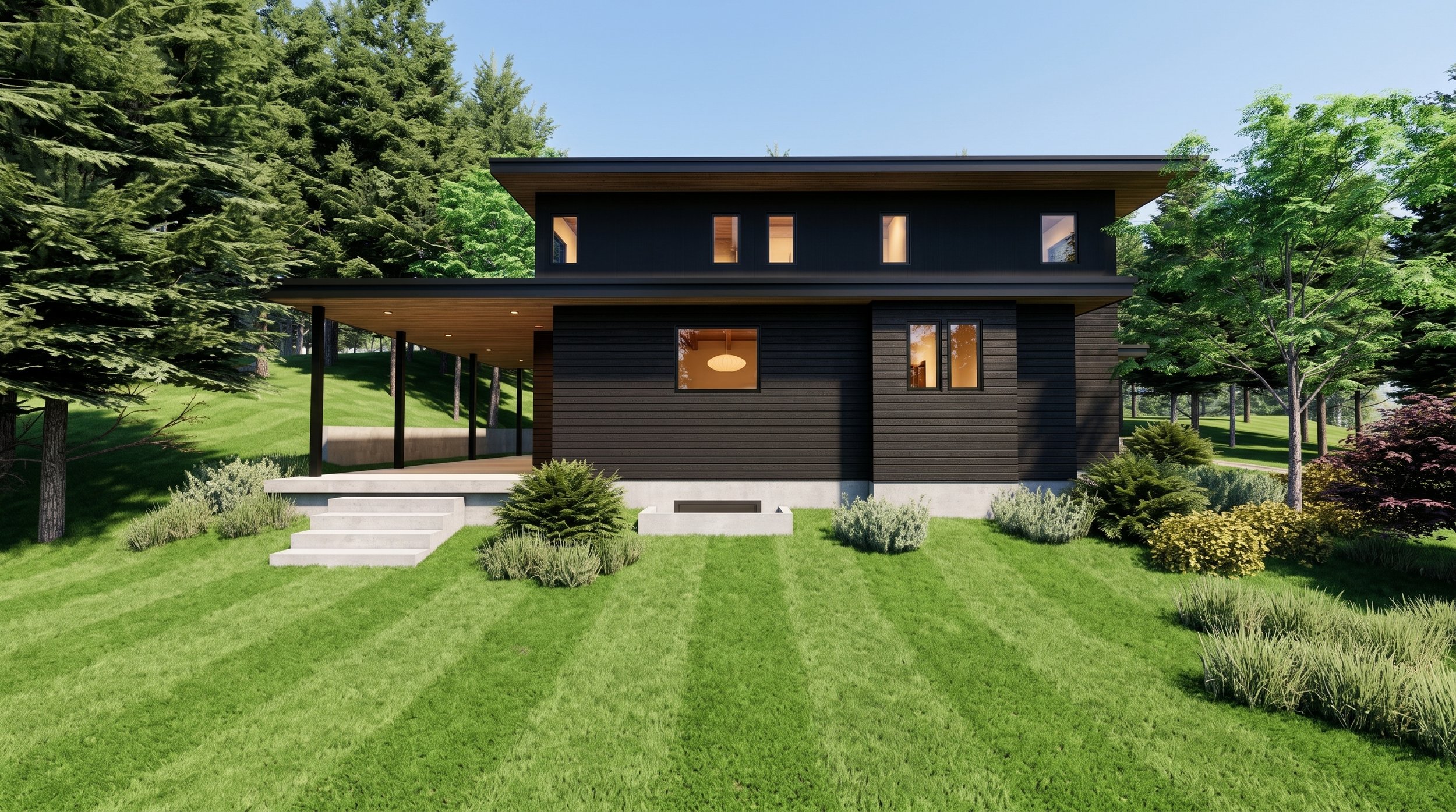 Modern two-story house with black exterior, large windows, and a sloped roof, surrounded by green trees and a well-maintained lawn.