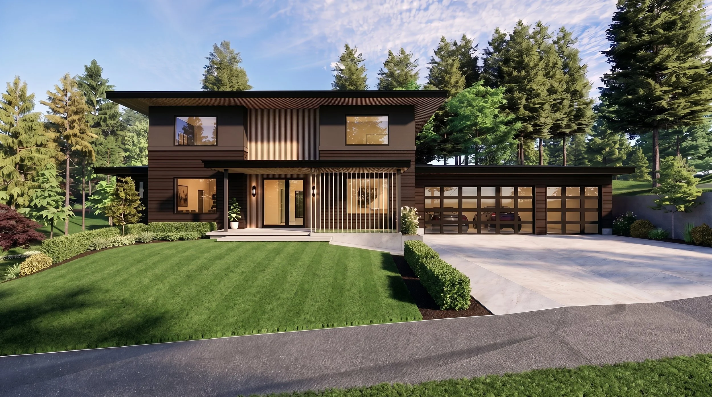 Modern two-story house with dark exterior, large windows, attached garage, and landscaped front yard with green lawn and shrubs. Surrounded by tall trees under a blue sky.