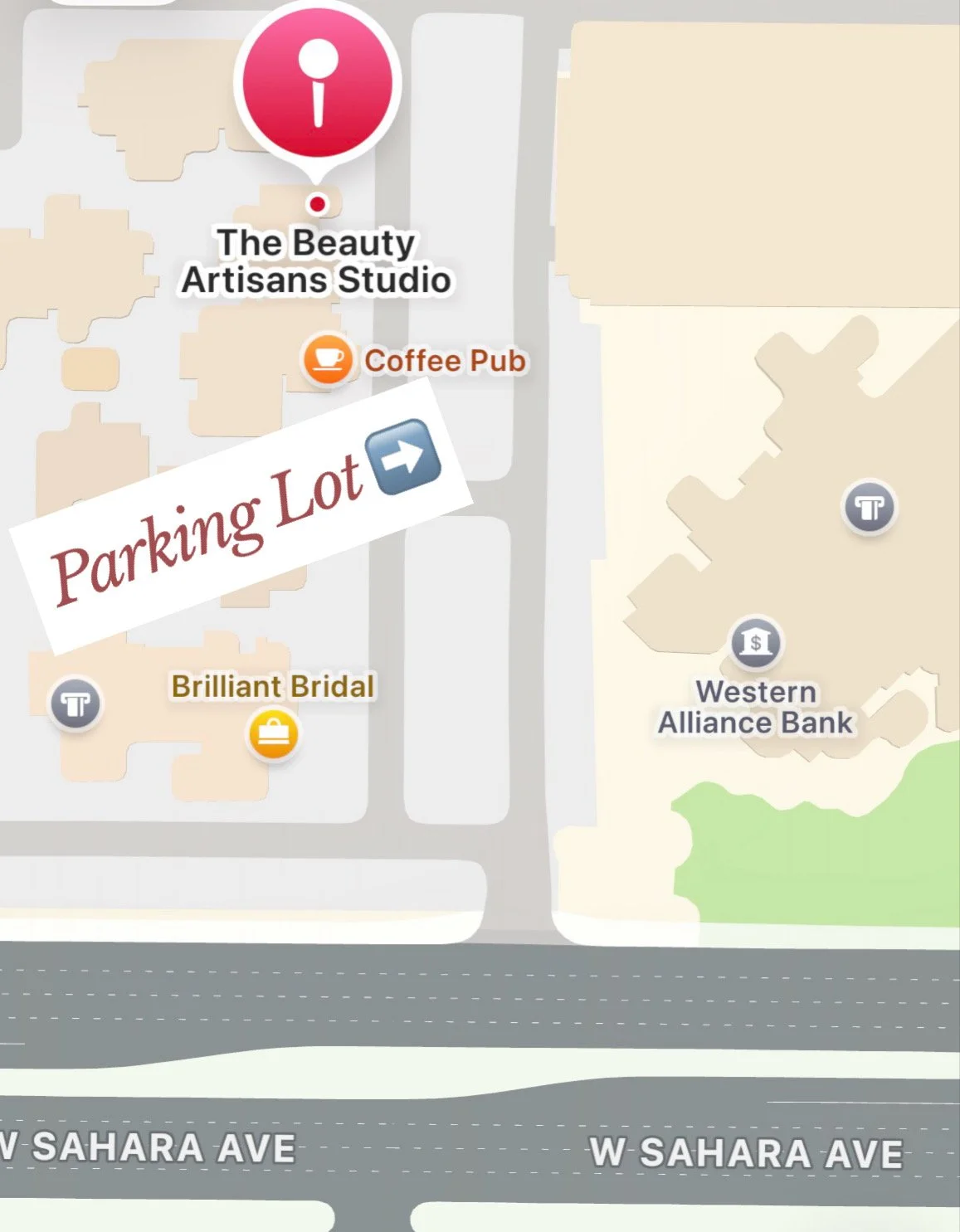 Map showing the location of The Beauty Artisans Studio near W Sahara Ave, with nearby landmarks including a coffee pub, Western Alliance Bank, and Brilliant Bridal, and a parking lot indicated with an arrow.