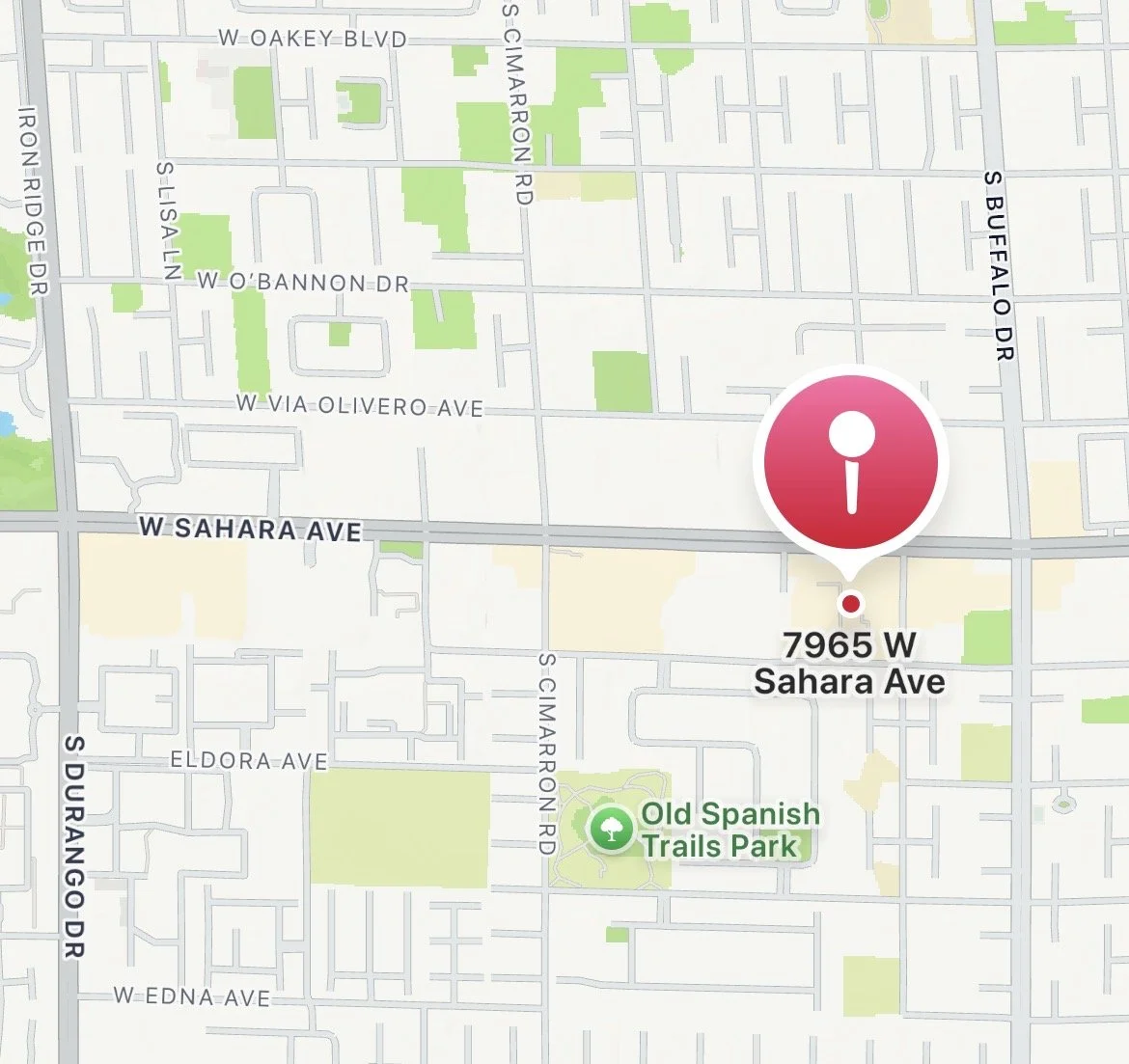 Map showing location 7965 W Sahara Ave near Old Spanish Trails Park in Las Vegas, Nevada.