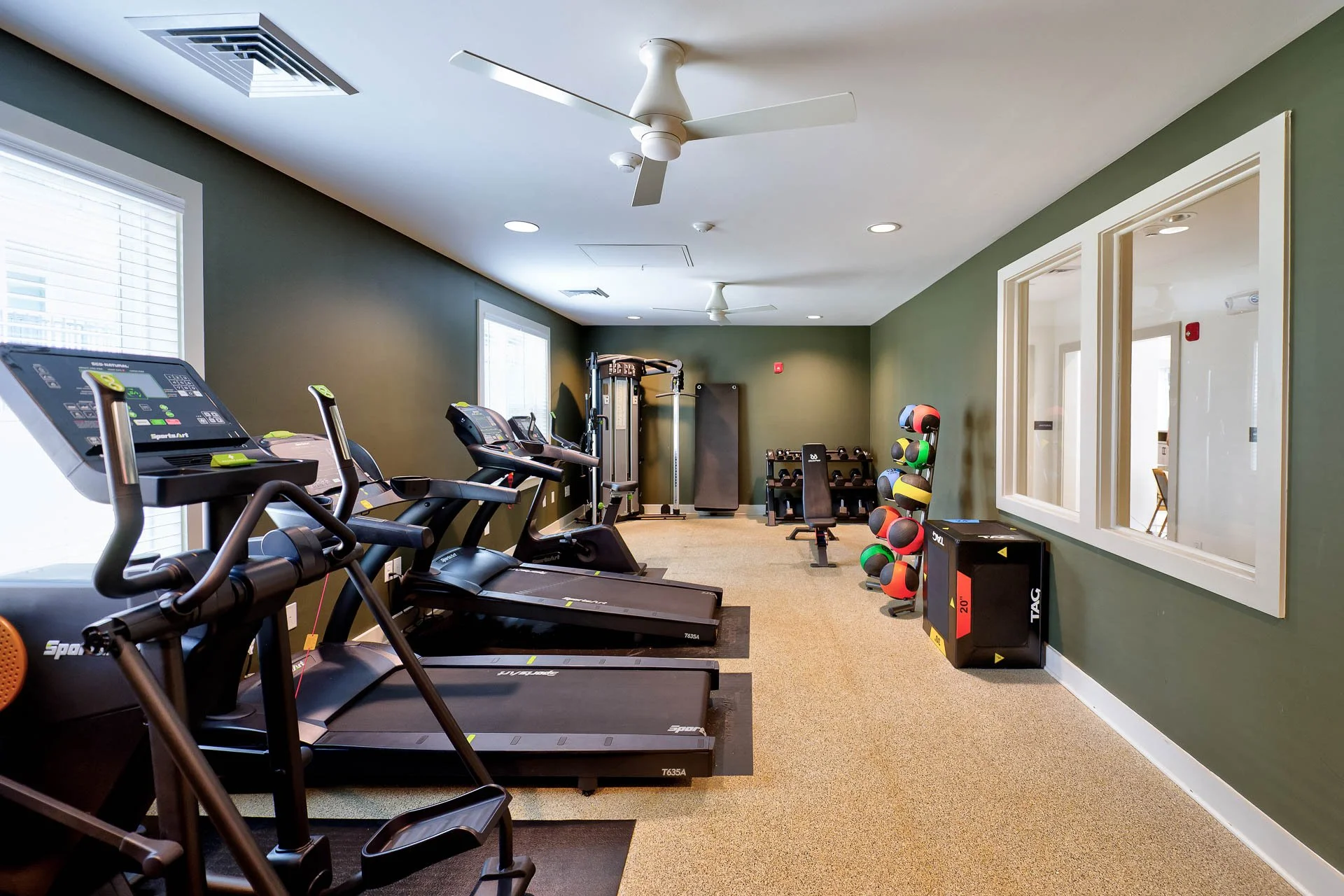 fitness center with treadmills and dark walls