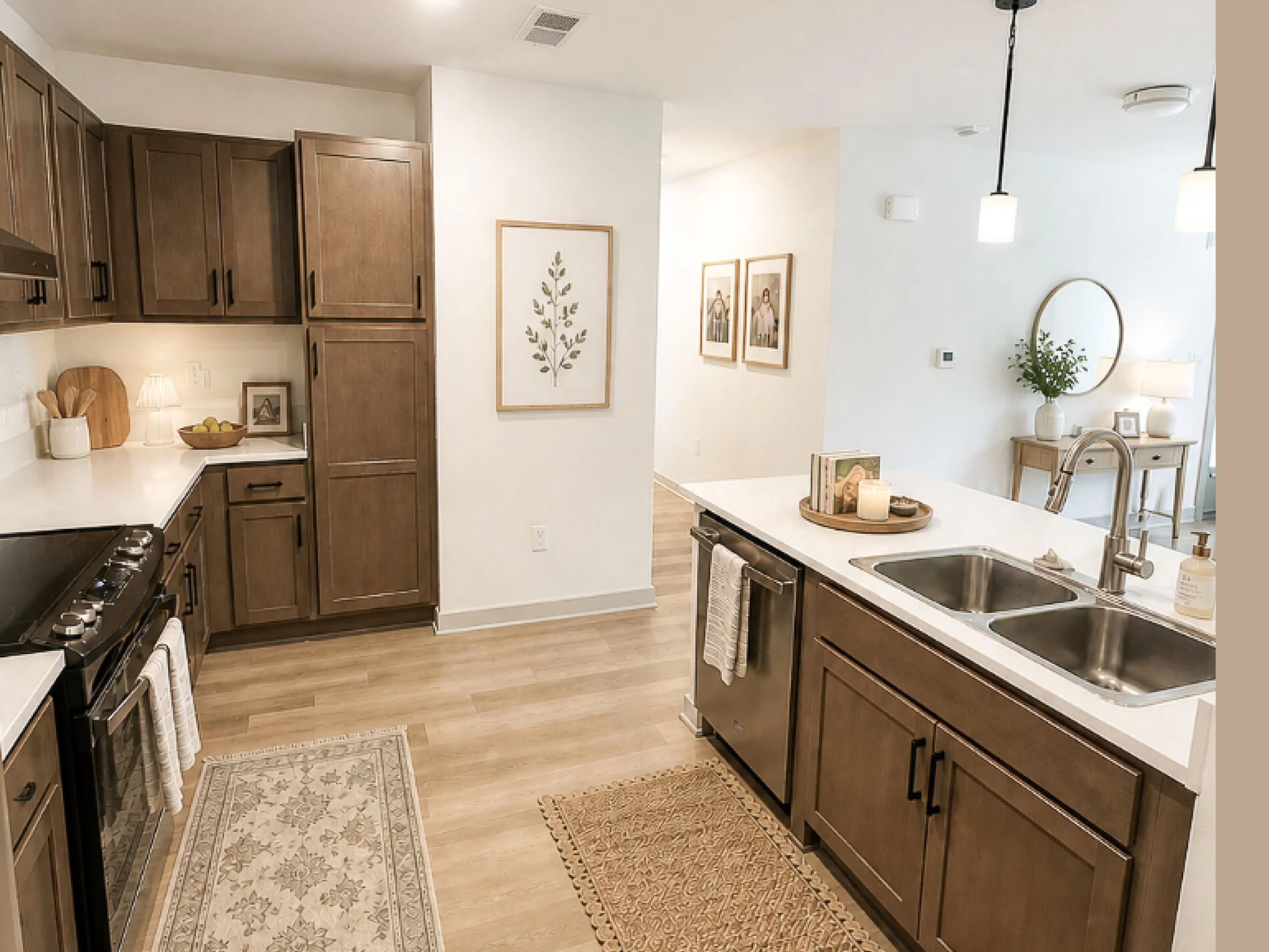 kitchen with warm wood cabinetry and white walls
