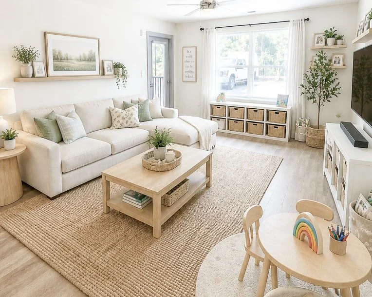 Living room with cream couch at The Pines at Peach Road
