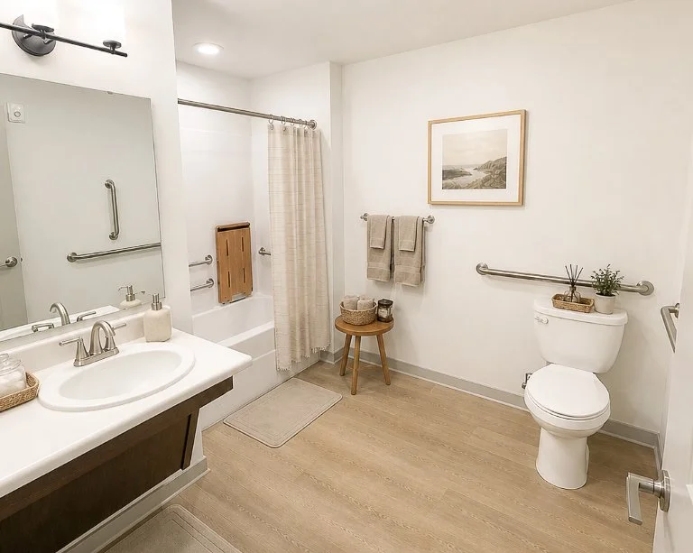 Bathroom with light wood toned LVP flooring at The Pines at Peach Road