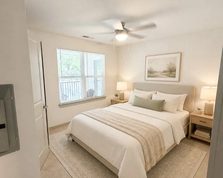 Bedroom with bright window at The Pines at Peach Road