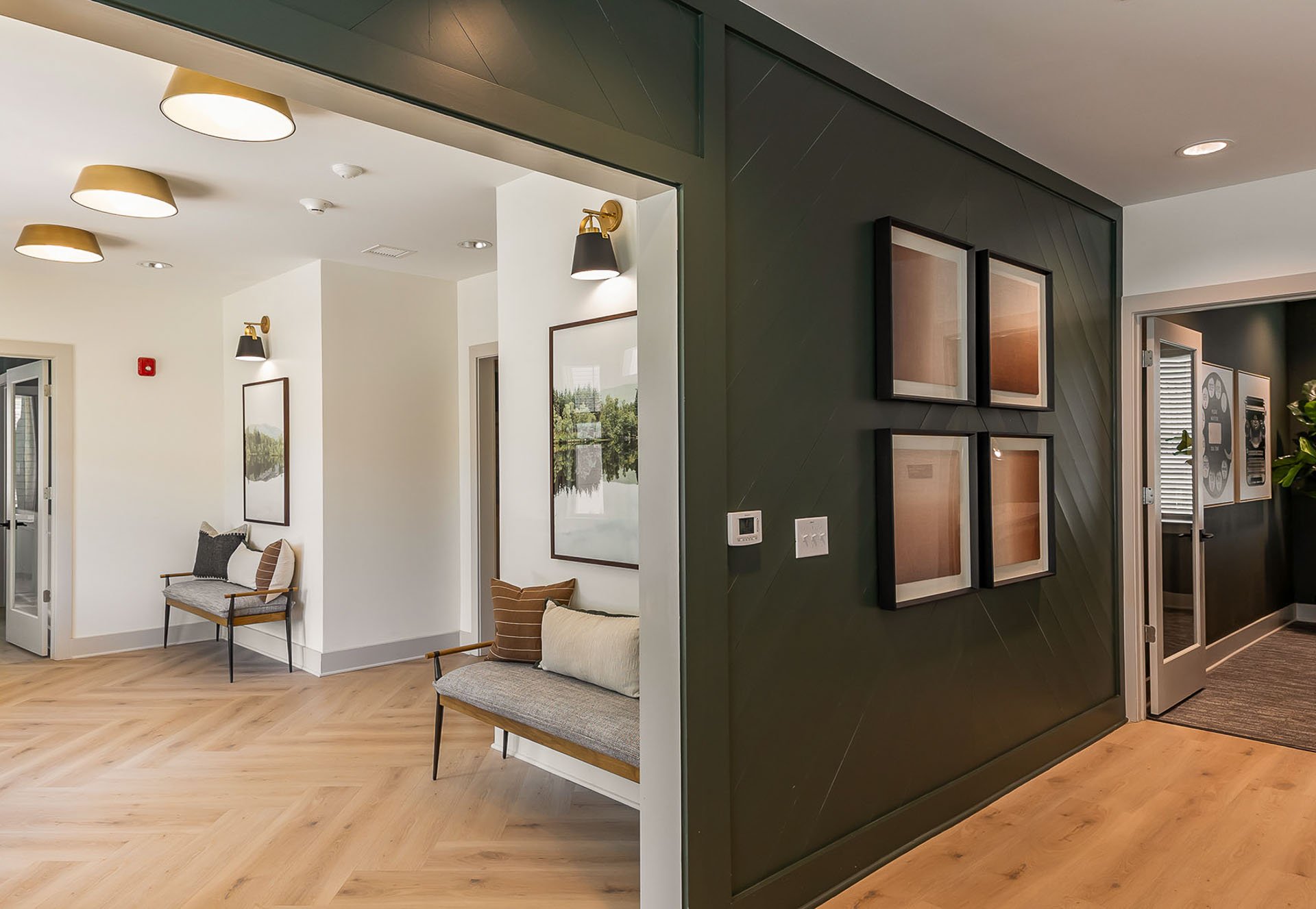 Entry way with bench seating at The Pines at Peach Road