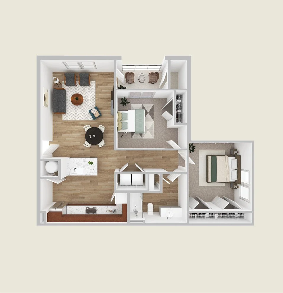 2 bedroom floor plan for The Pines in Raleigh