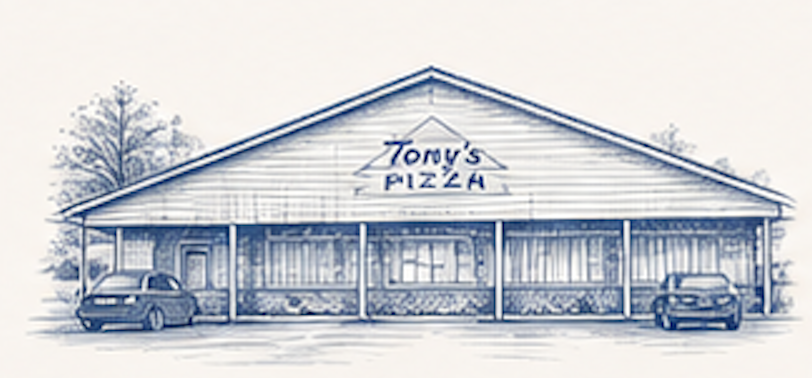 Illustration of a pizza restaurant called "Tony's Pizza" in Andrews, SC with two cars parked outside, surrounded by trees.