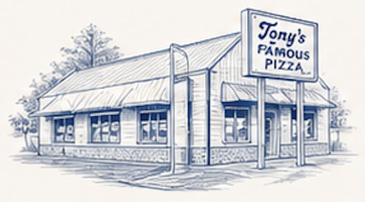 Drawing of Tony's Famous Pizza restaurant in Georgetown, SC with a large sign in front and a building with multiple windows and a sloped roof.