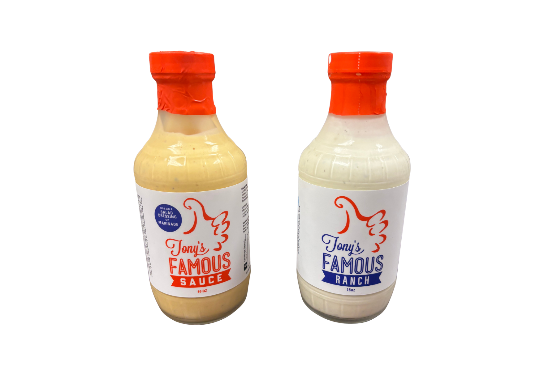 Two bottles of Tony's Famous Sauce, one labeled 'Sauce' and the other labeled 'Ranch', each containing 16 ounces.