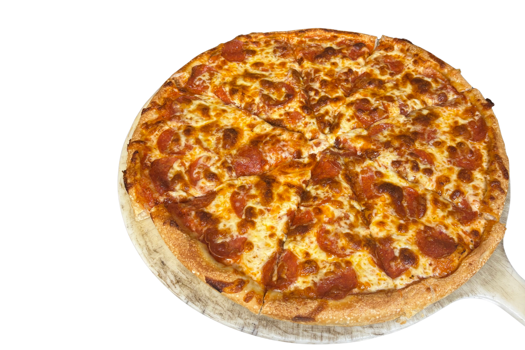 A pepperoni pizza with melted cheese and crispy crust on a round wooden board