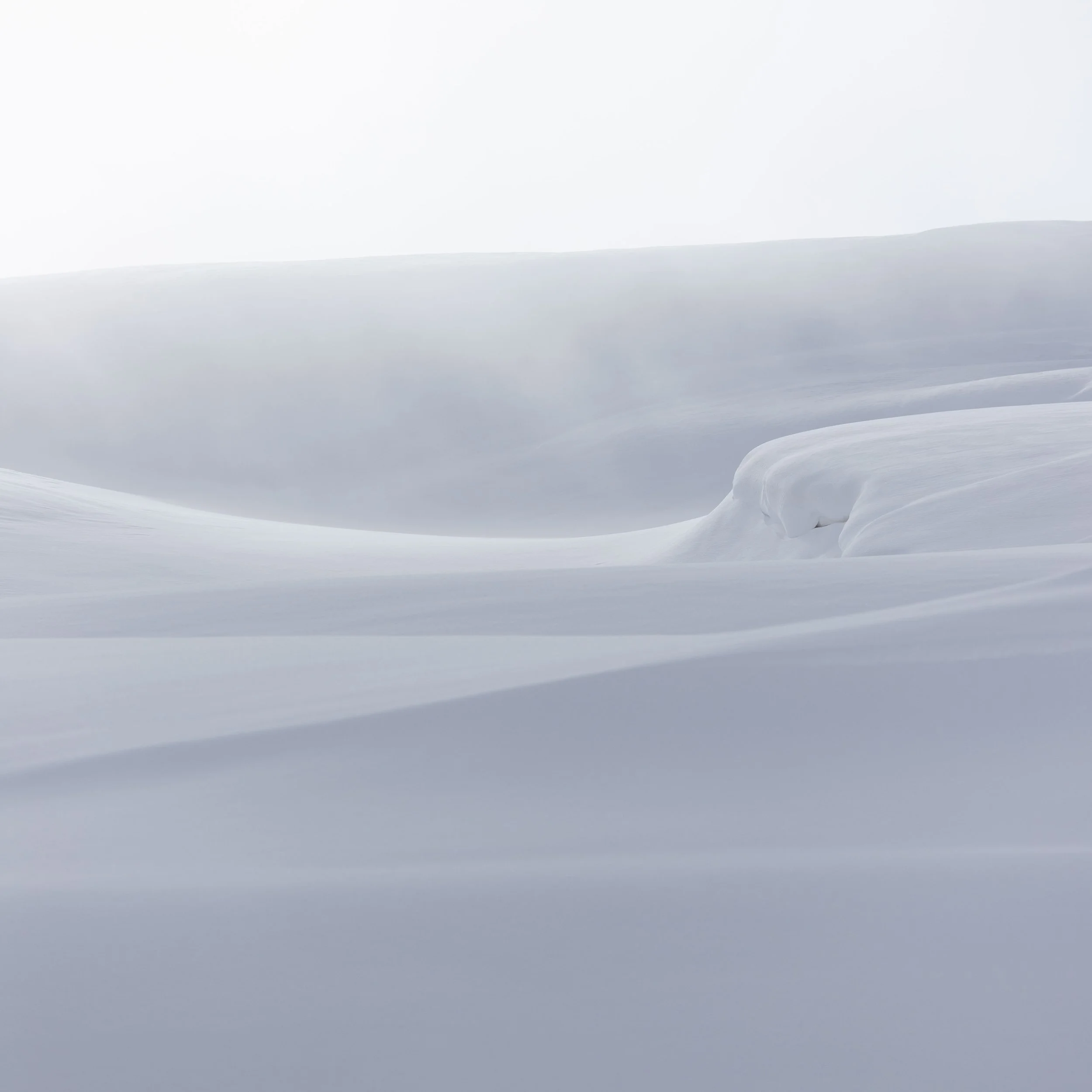 Paysage de neige avec des dunes enneigées et un ciel gris clair.