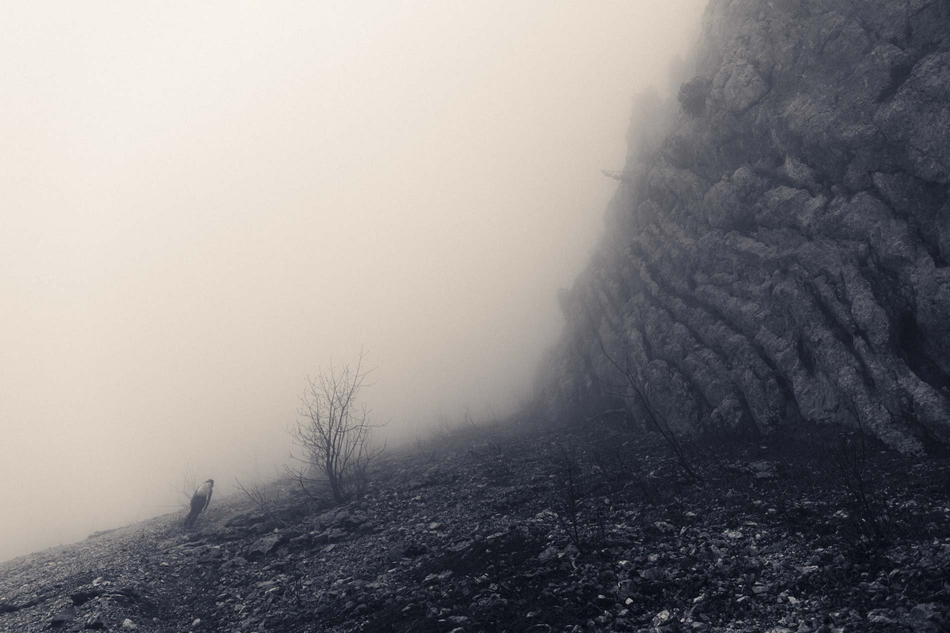 Paysage de montagne brumeux avec rochers, quelques arbres nus et une personne avec un bâton, en arrière-plan, ambiance sombre et mystérieuse.