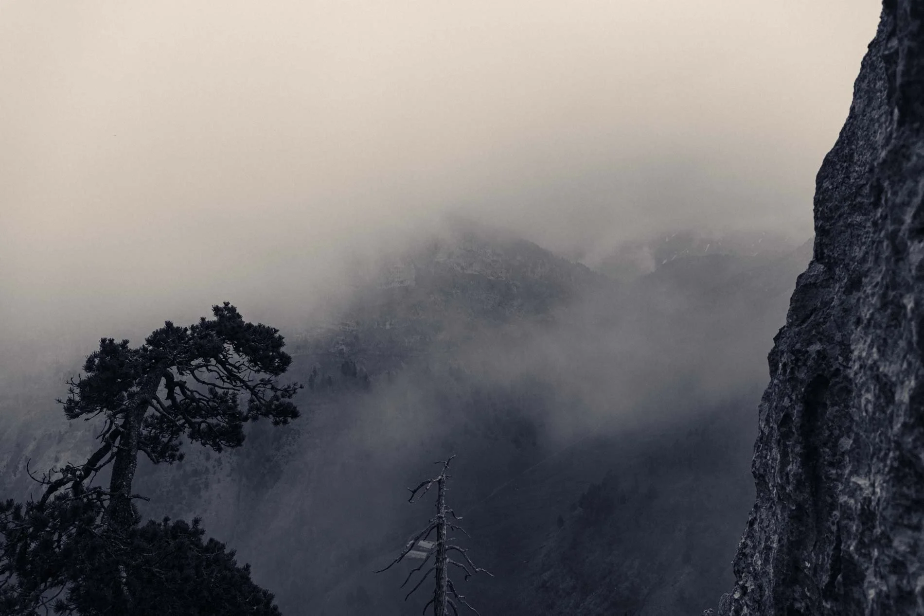 Montagne enveloppée de brouillard avec un arbre tordu dans la première plan, une grande roche sur le côté droit, et des montagnes en arrière-plan dans une ambiance brumeuse et sombre.