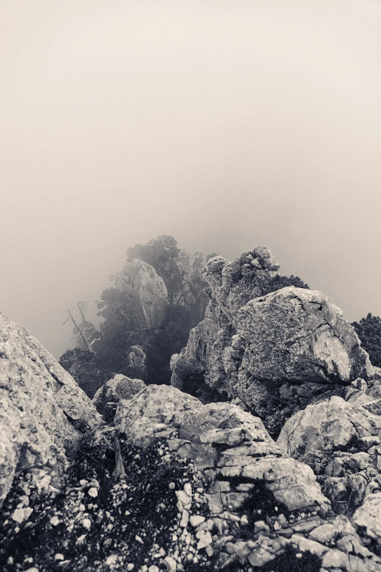 Rochers et roches dans un paysage montagneux brumeux, avec peu de végétation visible.