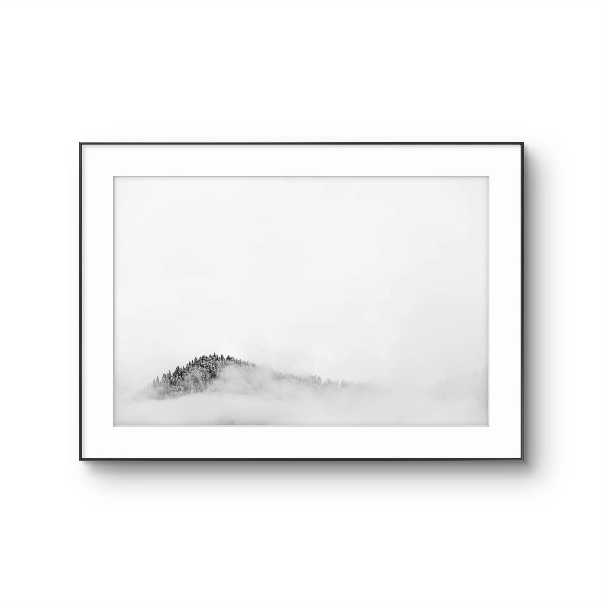 Une toile ou un tableau représentant une scène de montagnes ou de collines enneigées avec des sapins, en noir et blanc.