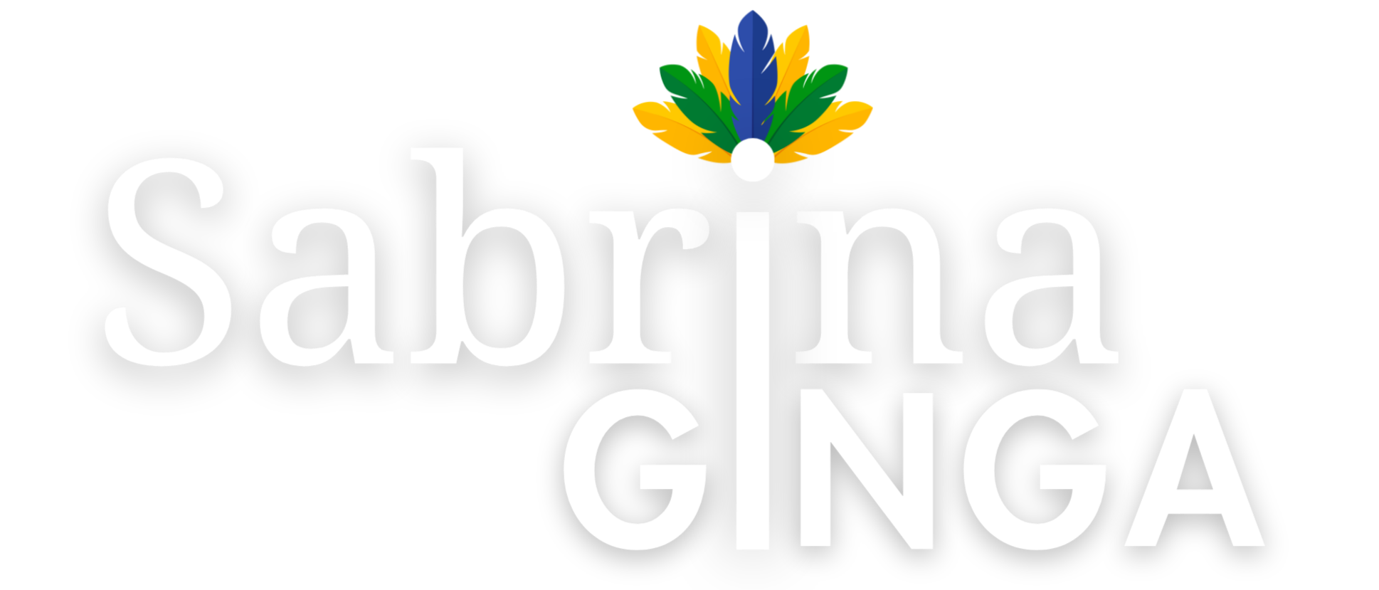 Logotipo da Sabrina Ginga com canto superior decorativo de penas coloridas em azul, verde, e amarelo.