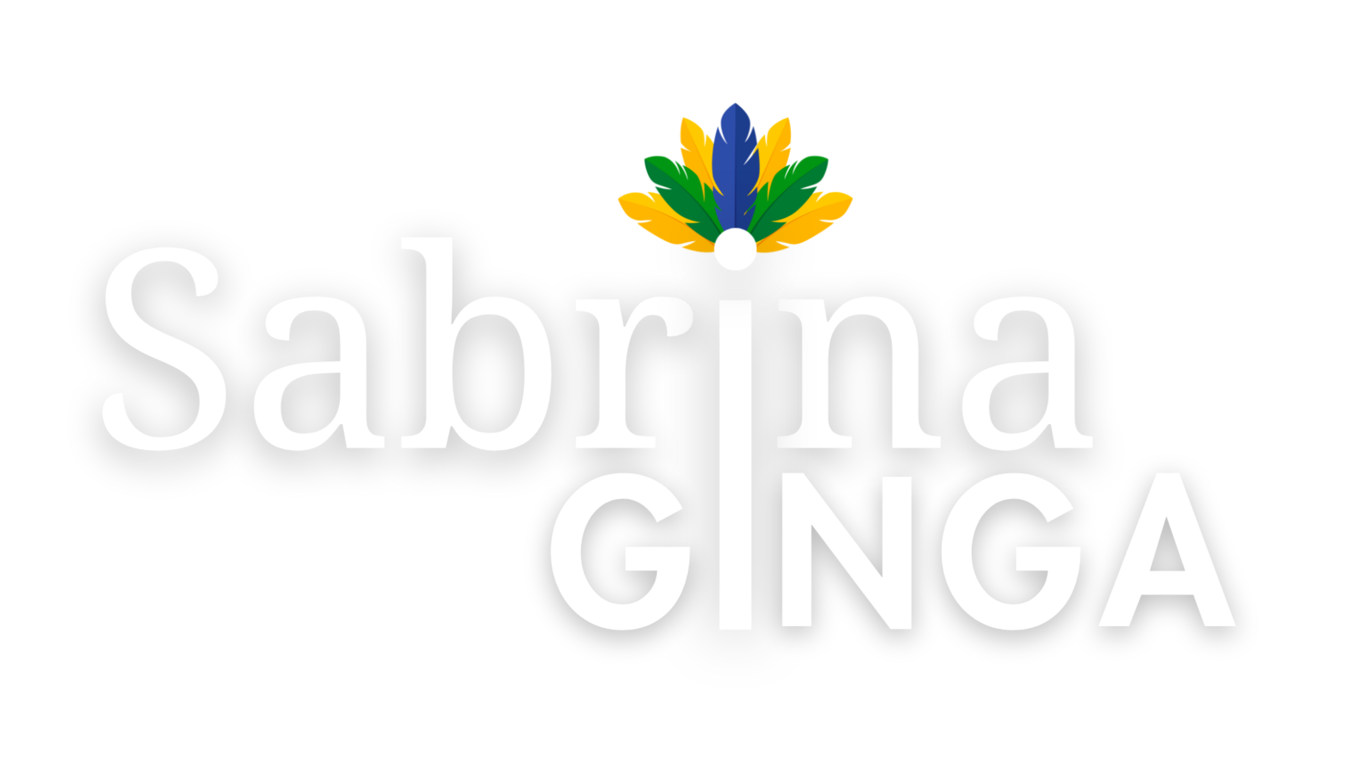 Logotipo da Sabrina Ginga com texto branco e símbolo de penas coloridas acima do texto.