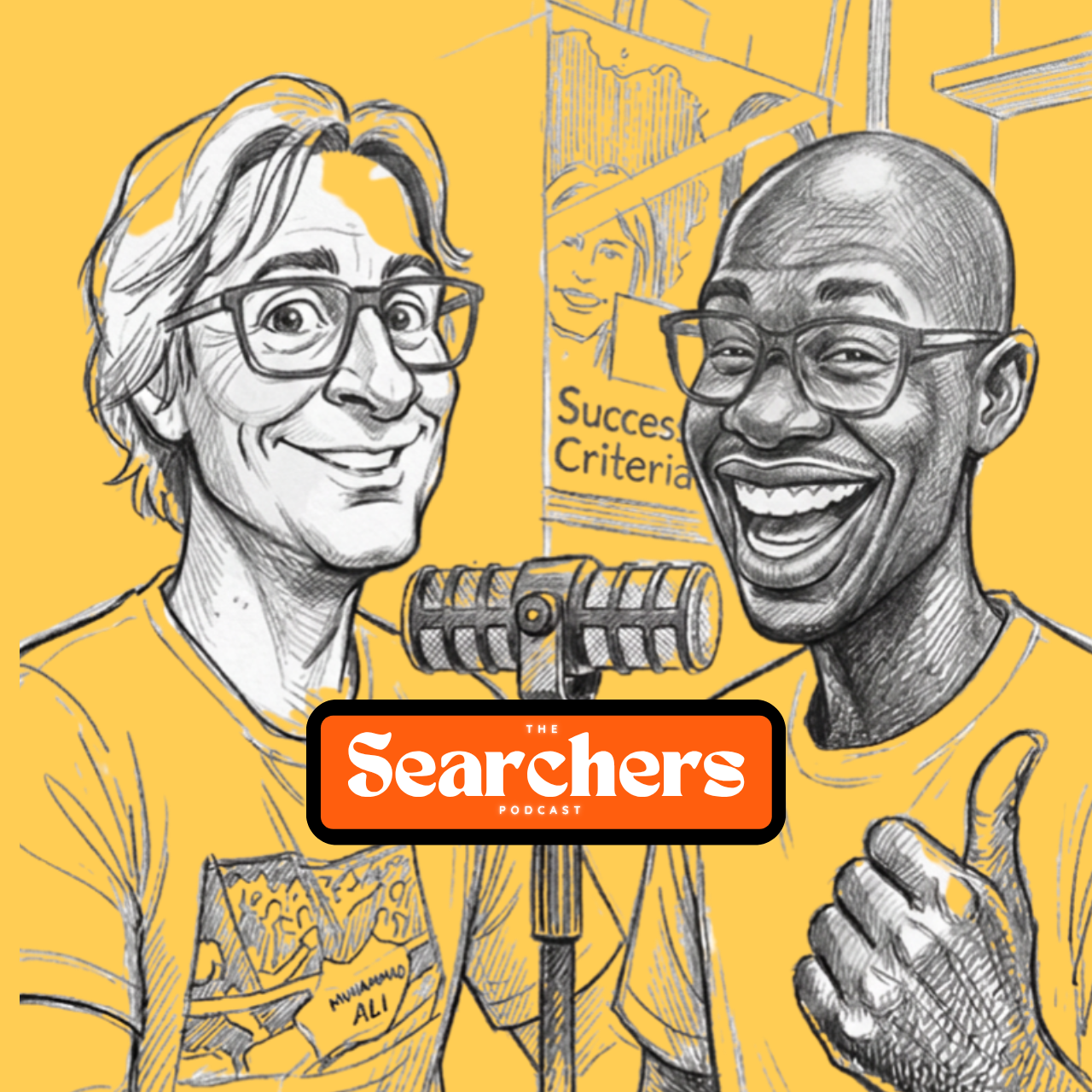 The Searchers Podcast cover art (cartoon of Atem and Kirron smiling in front of microphones)