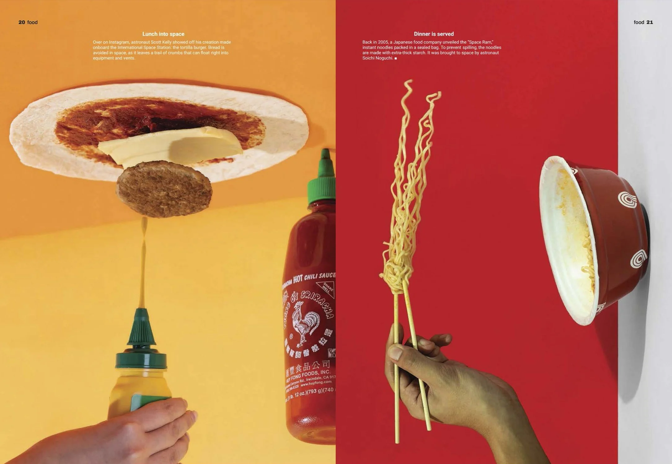 A hand holding a yellow mustard bottle with a green cap and nozzle, positioned below a burger bun, meat patty, and cheese, with an orange background on the left side. On the right side, a hand holds a pair of chopsticks with noodles, against a red background.